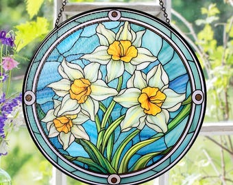 Adorno de ventana con flores de narciso del mes de nacimiento, atrapasol de narciso, regalo para amantes de las plantas, decoración de jardín de flores, atrapasol de flores de narciso