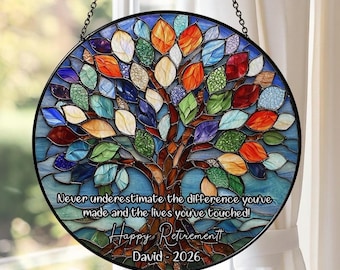 Baum des Lebens Ruhestand Glas Suncatcher, personalisierte Ruhestand Geschenk 2026, Abschiedsgeschenk für Lehrer, Krankenschwester, Kollegen, Ruhestand Andenken