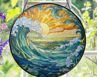 手作りステンドグラスのオーシャンサンキャッチャー：海岸の波のアート