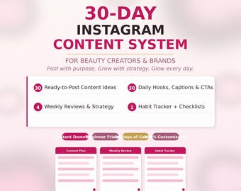 Plan de contenu Instagram de 30 jours pour les créatrices de produits de beauté Planificateur de réseaux sociaux, légendes quotidiennes, CTAs Influenceur beauté Téléchargement numérique