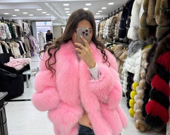 Handmade Natural Pink Fox Fur Cropped Coat: Handmade Luxury Women's Outerwear