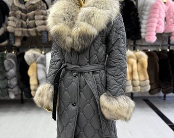 Gray Puffer Coat: Real Fox Fur Hood & Cuffs, Handmade Quilted Outerwear