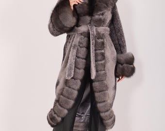 Luxury gray fox fur alcantara coat - alcantara women outwear