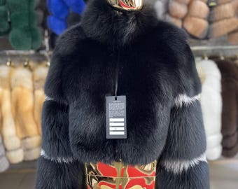 Handmade Black Fox Fur Short Jacket - Stylish Women's Coat