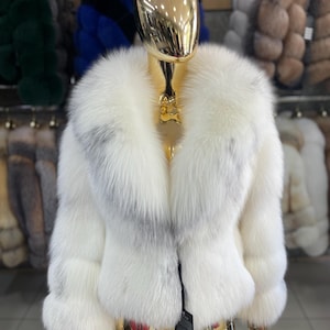 Real White and gray fox fur jacket – Women’s Luxury Short Fur Coat – Natural White and Gray Fur Outerwear – Elegant Warm Winter Jacket