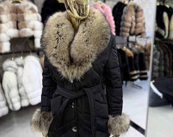 Short Black Puffer Coat: Real Fox Fur Hood & Cuffs, Handmade Quilted Outerwear