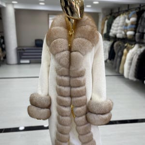 White and gray long fox fur wear - fox fur - long fox fur - gray fox fur - long white with camel and gray fox fur - exclusive gift for her