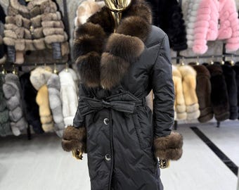 Handmade Black Puffer Coat: Real Fox Fur Hood & Cuffs