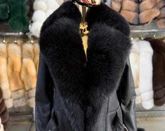 Taz Black Fox Fur Sleeve Black Leather Jacket, Womens Real Fox Fur