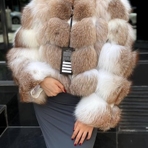 Natural White and Brown Fur Coat for Women – Genuine Cropped Fur Winter Jacket – Handmade Elegant Fur Outerwear –  Best gift for her