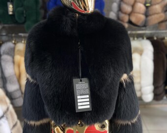 Handmade Black Fox Fur Short Jacket - Women's Stylish Coat