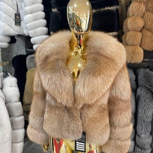 Real Fox Fur Jacket – Women’s Luxury Short Fur Coat – Natural Brown and Gray Fur Outerwear – Elegant Warm Winter Jacket