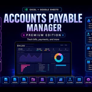 Accounts Payable Manager Spreadsheet - Bill Tracker, Vendor CRM, 1099 Prep, Aging and Cash Forecast - Google Sheets and Excel Template
