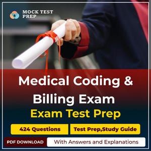 May include: Image of a diploma tied with a red ribbon, with text overlay: "Medical Coding & Billing Exam Test Prep." Includes "424 Questions" and "Test Prep, Study Guide" information. The logo "MOCK TEST PREP" is visible.