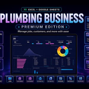 May include: A digital dashboard for a plumbing business on a laptop screen, featuring Excel and Google Sheets integration. The interface displays data charts, graphs, and business management modules for jobs, customers, estimates, and invoices.