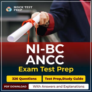 Peut inclure: Image d'un diplôme roulé, attaché avec un ruban rouge, tenu par une personne en tenue de remise de diplôme. L'image comprend le texte "MOCK TEST PREP" et "NI-BC ANCC Exam Test Prep" avec des détails sur le guide d'étude.