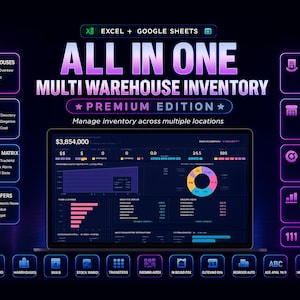 May include: A digital dashboard interface for multi-warehouse inventory management in Excel and Google Sheets. The dark-themed display features neon purple and blue accents, displaying data charts, financial figures, and navigation icons.