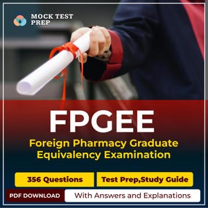 May include: Image of a diploma tied with a red ribbon, held by a person wearing a graduation gown. The image features the text "FPGEE Foreign Pharmacy Graduate Equivalency Examination" and details about the study guide.