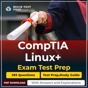 May include: An image promoting CompTIA Linux+ exam test prep. The image shows a diploma tied with a red ribbon, held by a person in a graduation gown. The text on the image reads "CompTIA Linux+ Exam Test Prep" with supporting details.