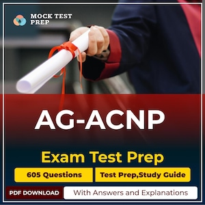 May include: A person holding a rolled-up diploma tied with a red ribbon, wearing a graduation gown. The image features the text "AG-ACNP" and "Exam Test Prep". Additional text includes "605 Questions", "Test Prep, Study Guide", "PDF Download", and "With Answers and Explanations".