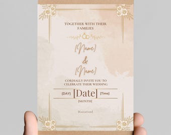 May include: A wedding invitation card with a beige and brown color scheme. The card features floral accents and text that reads "TOGETHER WITH THEIR FAMILIES", followed by spaces for names, date, time, and location.