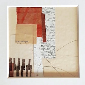 May include: Abstract collage artwork in a white mount. The artwork uses layered paper elements in beige, red, and brown tones. Some areas include text fragments and linear details, creating a collage effect. The words "and more than" are visible.
