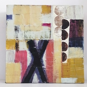 May include: A square abstract painting featuring a prominent black X shape centered over vertical blocks of mustard yellow, soft pink, and white. A vertical column of dark brown circles and a deep purple rectangular block are positioned on the right side.