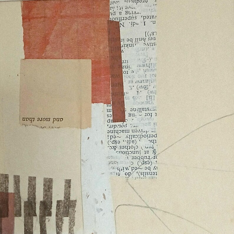 May include: Abstract collage with torn paper elements. The composition features layered textures, including text fragments, rectangular shapes in shades of red and beige, and the phrase "and more than".