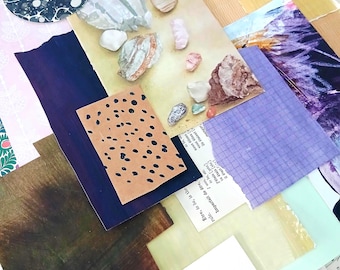 Pode incluir: Uma colagem de diversos pedaços de papel com uma peça circular marmorizada em preto e branco, um retângulo bege com pontos pretos, um padrão de grade roxo, um cartão branco com o número sete azul e vários fragmentos de texto e imagens de minerais.