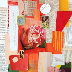 May include: A collage featuring a vibrant mix of textures and colors. The artwork incorporates cut paper elements in shades of red, orange, and yellow, with a central focus on a rose. Text fragments and stamps add detail.