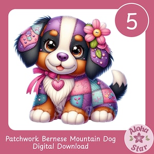 May include: A digital illustration of a patchwork Bernese Mountain Dog with a pink flower and heart-shaped accents. The dog has a smiling face, large eyes, and a pink bow. The image includes the number 5 in a pink circle.