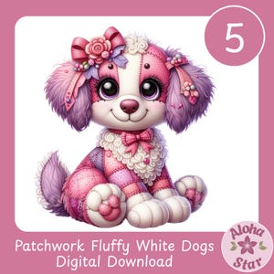 May include: A digital illustration of a patchwork dog with fluffy pink and purple fur. The dog has a white face, large black eyes, and is adorned with pink bows and floral accents. The text "Patchwork Fluffy White Dogs Digital Download" is at the bottom.