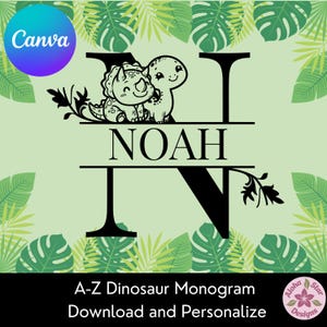Clipart de monograma de dinosaurio, plantilla de Canva para decoración de habitación infantil (descarga digital, PNG, SVG)