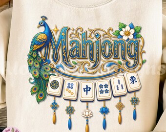 Mahjong Design with Peacock, Blue and Gold Elegant Tiles Digital Download