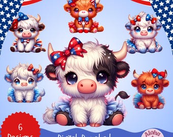 Patriotic Highland Cow Clipart: 4th of July PNG (Digital Download)