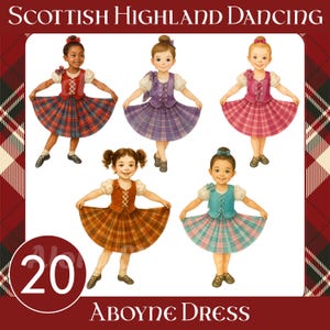 Puede incluir: Ilustración de cinco niñas con trajes tradicionales de baile escocés de las Highlands. Cada niña lleva un kilt de tartán, un chaleco y una blusa blanca. La imagen incluye el texto "Scottish Highland Dancing" y "Aboyne Dress". Un círculo con el número "20" está en la parte inferior izquierda.