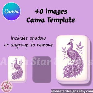 May include: A digital design template for Canva, featuring a purple peacock illustration on a white background. The image includes the text "40 images Canva Template" and instructions to remove shadows.