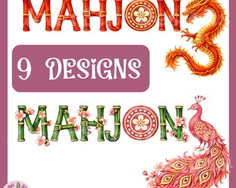 Mahjong Digital Designs, Bamboo, Dragon, Lotus & Peacock PNGs for Crafts