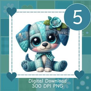 Könnte beinhalten: Ein Cartoon-Welpe mit Patchwork-Design in Blautönen, mit großen Augen und einer Blume. Der Welpe trägt eine Fliege. Ein blauer Kreis enthält die Zahl 5. Der Text "Digital Download 300 DPI PNG" befindet sich unten.