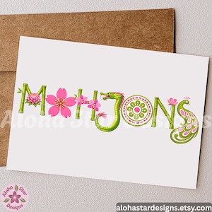 May include: A white card with the word "MAHJONG" in green bamboo-style letters, decorated with pink flowers, a green dragon, and a peacock. The card is on a brown envelope. The text "Aloha Star Designs" and "alohastardesigns.etsy.com" are also visible.