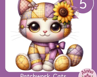 Patchwork Cat Illustration: 5 Whimsical Cats with sunflowers Clipart PNG Set (Digital Download)