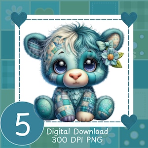 Könnte beinhalten: Eine digitale Illustration eines türkisfarbenen Teddybären mit großen blauen Augen, einer rosa Nase und einer Blumenhaarspange. Der Bär besteht aus Patchwork-Stoff. Die Zahl 5 befindet sich in einem Kreis in der unteren linken Ecke. Der Text lautet "Digital Download 300 DPI PNG".