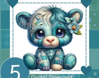 Patchwork Bear PNG Set: Blue & Teal Nursery Art (Digital Download, 300 DPI)