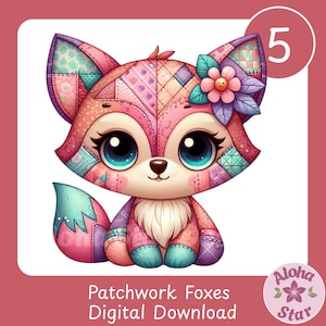 Może przedstawiać: Cyfrowa ilustracja patchworkowego lisa z dużymi niebieskimi oczami i kwiatem na głowie. Lis jest głównie różowy, z łatkami w różnych kolorach i wzorach. Tekst "Patchwork Foxes Digital Download" znajduje się na dole.