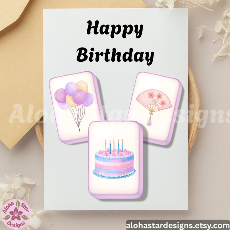 May include: A birthday greeting card with the words "Happy Birthday" in black script. The card features illustrations of balloons, a cake, and a fan. The card is light purple and white.