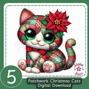 Può includere: Illustrazione digitale di un gatto patchwork con grandi occhi verdi, un papillon rosso e un fiore di stella di Natale. Il gatto è fatto di tessuto patchwork rosso, verde e bianco. Il testo recita "Patchwork Christmas Cats Digital Download".