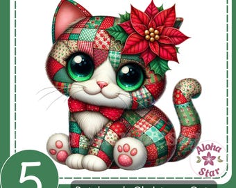 Ensemble de cliparts PNG Noël patchwork chat : oeuvre d'art fantaisiste pour chambre d'enfant (téléchargement numérique 30 x 30 cm)