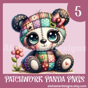 May include: A colorful patchwork panda bear with large, expressive eyes and a pink bow. The panda is surrounded by a pink background and a flower. The text "PATCHWORK PANDA PNGS" is displayed at the bottom.