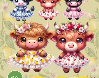 Kawaii Highland Cow Clipart Bundle, Lemons, Cherries, Chinoiserie (Digital Download)