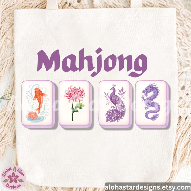 May include: A white tote bag with the word "Mahjong" in purple. Below the text are four rectangular tiles with watercolor illustrations: a koi fish, a chrysanthemum, a peacock, and a dragon. The shop's name is in the bottom left corner.